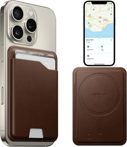 محفظة NOMAD من الجلد البني Magsafe مع تتبع متكامل لهاتف iPhone، حامل بطاقة Magsafe نحيف لهاتف iPhone، بطاقة تعقب GPS للمحفظة، عمر بطارية 5 أشهر، قابلة لإعادة الشحن، متوافقة مع iOS فقط in Kuwait