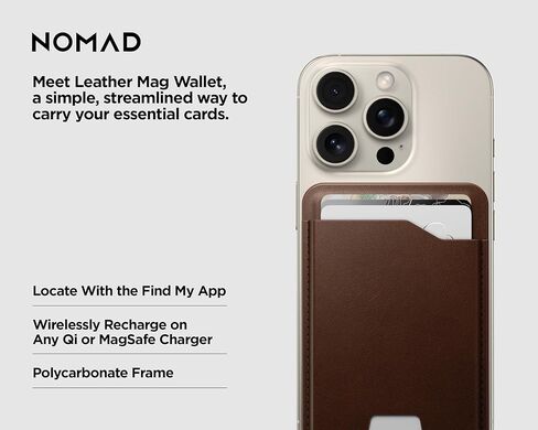 محفظة NOMAD من الجلد البني Magsafe مع تتبع متكامل لهاتف iPhone، حامل بطاقة Magsafe نحيف لهاتف iPhone، بطاقة تعقب GPS للمحفظة، عمر بطارية 5 أشهر، قابلة لإعادة الشحن، متوافقة مع iOS فقط in Kuwait