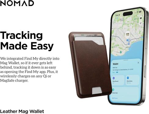 محفظة NOMAD من الجلد البني Magsafe مع تتبع متكامل لهاتف iPhone، حامل بطاقة Magsafe نحيف لهاتف iPhone، بطاقة تعقب GPS للمحفظة، عمر بطارية 5 أشهر، قابلة لإعادة الشحن، متوافقة مع iOS فقط in Kuwait