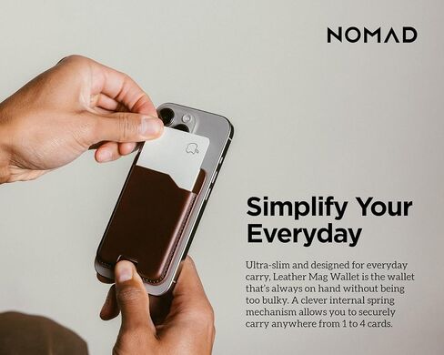 محفظة NOMAD من الجلد البني Magsafe مع تتبع متكامل لهاتف iPhone، حامل بطاقة Magsafe نحيف لهاتف iPhone، بطاقة تعقب GPS للمحفظة، عمر بطارية 5 أشهر، قابلة لإعادة الشحن، متوافقة مع iOS فقط in Kuwait
