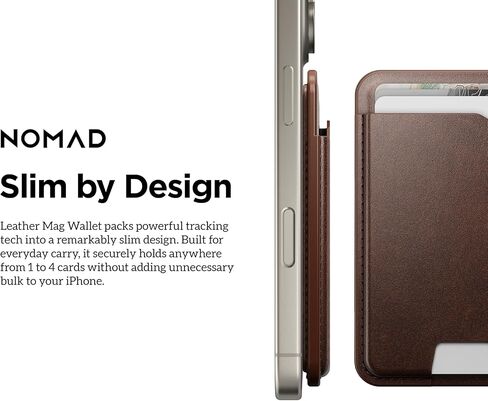 محفظة NOMAD من الجلد البني Magsafe مع تتبع متكامل لهاتف iPhone، حامل بطاقة Magsafe نحيف لهاتف iPhone، بطاقة تعقب GPS للمحفظة، عمر بطارية 5 أشهر، قابلة لإعادة الشحن، متوافقة مع iOS فقط in Kuwait