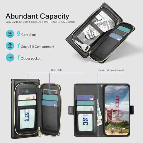 DJBEAR for iPhone 16 Pro Max 6.9" Wallet Case for Men & Women, All-in-One Flip Folio Cover with 9 Card Slots, Zipper Pocket, Detachable Wrist Strap, Full Body Protection for Apple 16 Pro Max Black in Saudi Arabia