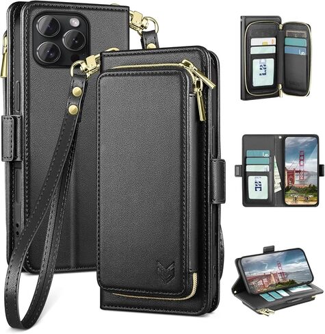 DJBEAR for iPhone 16 Pro Max 6.9" Wallet Case for Men & Women, All-in-One Flip Folio Cover with 9 Card Slots, Zipper Pocket, Detachable Wrist Strap, Full Body Protection for Apple 16 Pro Max Black in Saudi Arabia