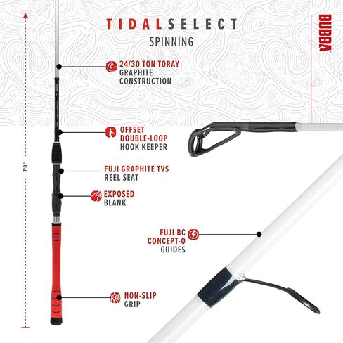 صنارة صيد الأسماك الدوارة Bubba Tidal Select مع أدلة Fuji® ومقعد بكرة الجرافيت، من ألياف الكربون، 7'-7'6 بوصة، لصيد الأسماك، في الهواء الطلق in Kuwait