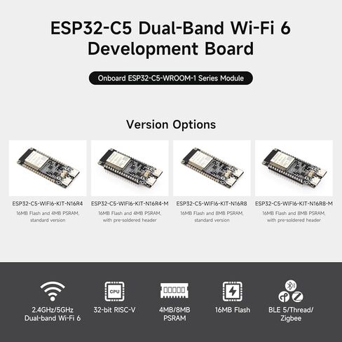 Waveshare ESP32-C5 لوحة تطوير Wi-Fi 6 ثنائية النطاق، معالج RISC-V بسرعة 240 ميجاهرتز، وحدة سلسلة ESP32-C5-WROOM-1، RISC-V MCU متعدد البروتوكولات، ذاكرة PSRAM 8 ميجابكسل in Kuwait