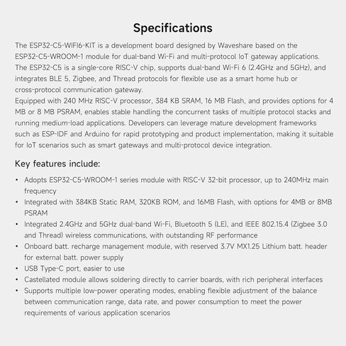 Waveshare ESP32-C5 لوحة تطوير Wi-Fi 6 ثنائية النطاق، معالج RISC-V بسرعة 240 ميجاهرتز، وحدة سلسلة ESP32-C5-WROOM-1، RISC-V MCU متعدد البروتوكولات، ذاكرة PSRAM 8 ميجابكسل in Kuwait