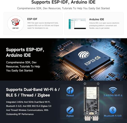 Waveshare ESP32-C5 لوحة تطوير Wi-Fi 6 ثنائية النطاق، معالج RISC-V بسرعة 240 ميجاهرتز، وحدة سلسلة ESP32-C5-WROOM-1، RISC-V MCU متعدد البروتوكولات، ذاكرة PSRAM 8 ميجابكسل in Kuwait