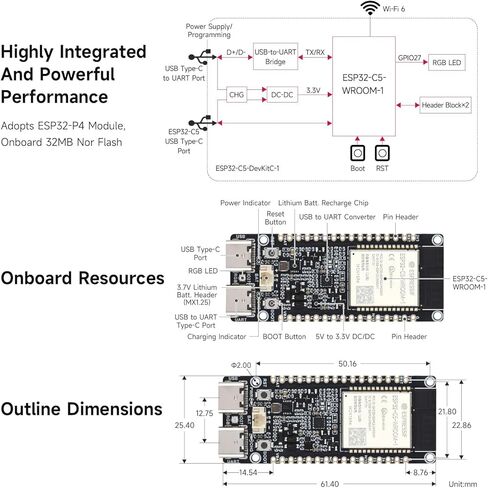 Waveshare ESP32-C5 لوحة تطوير Wi-Fi 6 ثنائية النطاق، معالج RISC-V بسرعة 240 ميجاهرتز، وحدة سلسلة ESP32-C5-WROOM-1، RISC-V MCU متعدد البروتوكولات، ذاكرة PSRAM 8 ميجابكسل in Kuwait