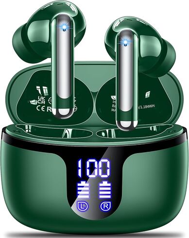سماعات أذن لاسلكية بلوتوث 5.4 سماعات هاي فاي ستيريو 42 ساعة تشغيل في الأذن مع 4 ميكروفونات لإلغاء الضوضاء ENC، مقاومة للماء IPX7 وشاشة عرض بطارية LED لتشغيل وسادات أذن مكتب اللياقة البدنية باللون الأخضر in Kuwait