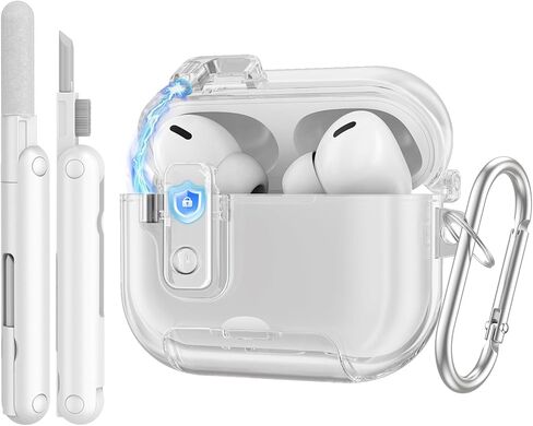 حافظة TiMOVO لجهاز AirPods Pro 3 (2025) مع قفل آمن، مضاد للتلطخ، غطاء شفاف ناعم من مادة TPU لجهاز Apple AirPod Pro الجيل الثالث مع وظيفة حامل الهاتف، مجموعة تنظيف وسلسلة مفاتيح، شفاف in Kuwait