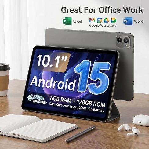تابلت أندرويد 15، تابلت 10.1 بوصة مع ذاكرة وصول عشوائي 6 جيجابايت وذاكرة تخزين داخلية 128 جيجابايت، معالج ثماني النواة، شاشة 90 هرتز، بطارية 8000 مللي أمبير في الساعة مع شحن سريع وشحن عكسي OTG، in Kuwait