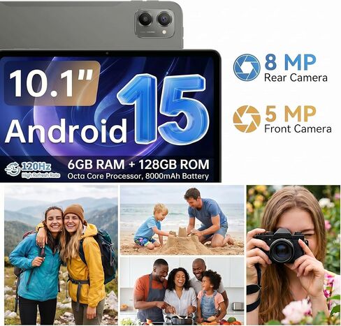 تابلت أندرويد 15، تابلت 10.1 بوصة مع ذاكرة وصول عشوائي 6 جيجابايت وذاكرة تخزين داخلية 128 جيجابايت، معالج ثماني النواة، شاشة 90 هرتز، بطارية 8000 مللي أمبير في الساعة مع شحن سريع وشحن عكسي OTG، in Kuwait