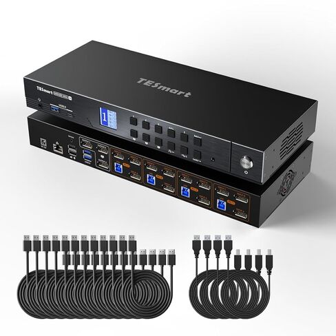TESmart 4K @ 144 هرتز Displayport KVM Switch 2 شاشات 4 أجهزة كمبيوتر، DP 1.4 KVM Switch شاشة مزدوجة 8K @ 60 هرتز، USB 3.0، دعم EDID، شبكة جيجابت، مفتاح التشغيل السريع، VRR، جميع كابلات الإدخال in Kuwait