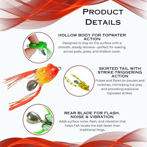DeLong Bladed Topwater Frog Lure – 3.5" Weedless Double Hook Bass Frog – 5 Multi-Color Assortment Pack in Hard Case in Kuwait