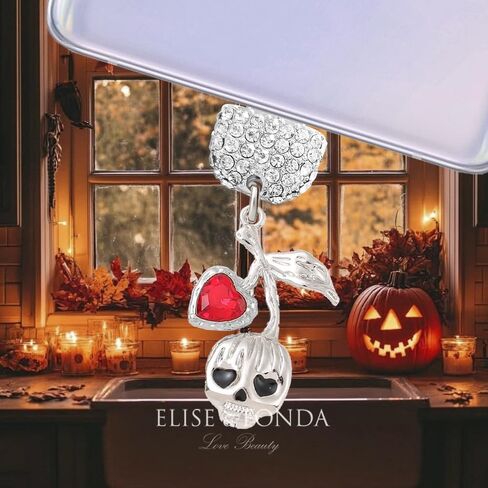 ELISE & FONDA TP913 منفذ شحن من النوع C كريستال مضاد للغبار جمجمة الهالوين الصغيرة مع قلوب الحب سحر الهاتف الخليوي لهواتف iPhone 15/16/Samsung/OnePlus/Xiaomi/oppo Android (أحمر) in Kuwait