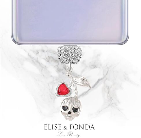 ELISE & FONDA TP913 منفذ شحن من النوع C كريستال مضاد للغبار جمجمة الهالوين الصغيرة مع قلوب الحب سحر الهاتف الخليوي لهواتف iPhone 15/16/Samsung/OnePlus/Xiaomi/oppo Android (أحمر) in Kuwait