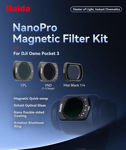 طقم فلتر مغناطيسي Haida NanoPro متوافق مع DJI Osmo Pocket 3 - مستقطب CPL، مرشح ND متغير (ND2-ND32)، وفلتر توزيع 1/4 أسود ضبابي - زجاج بصري نانو عالي الدقة، 1 واقي شاشة in Kuwait