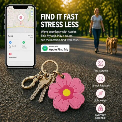 سلسلة مفاتيح جلدية لحامل AirTag، حافظة واقية زهرية لطيفة لـ AirTag 1 & 2nd Gen، حقيبة جمالية ساحرة مع حلقة مفاتيح للنساء، حقيبة الظهر، الأمتعة، المحفظة (الوردية) in Kuwait