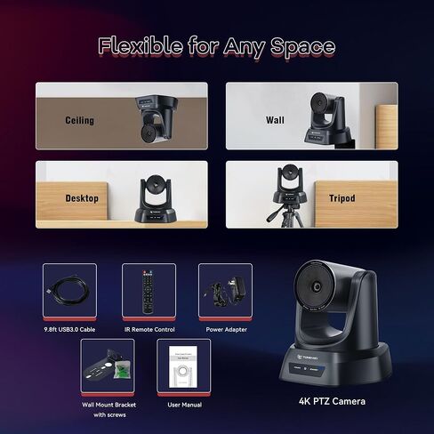 كاميرا TONGVEO PTZ 4K UHD AI تتبع تلقائي 3X زووم بصري HDMI/USB3.0 كاميرا فيديو للمؤتمرات لعبادة الكنيسة اجتماع البث المباشر عبر الإنترنت تعلم مع تكبير YouTube OBS والمزيد in Kuwait