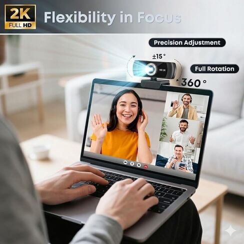 2K Webcam with Microphone, Privacy Cover, Wide-Angle Lens, Auto Light Correction, Plug & Play USB Webcam for Laptop, Desktop, PC, Mac, Zoom, Skype, Streaming (Black) in Kuwait