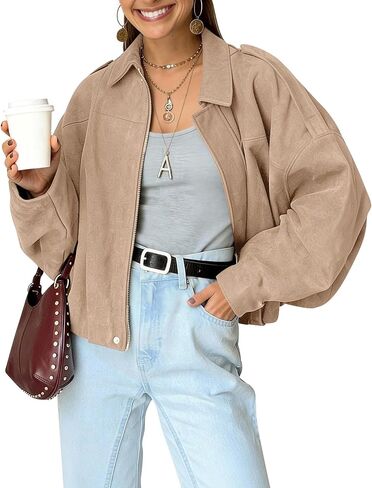 kissonic womens faux suede suded سترة قاذفة كبيرة الحجم batwing long sleeve zip Up اقتصاص الملابس الشارع in Saudi Arabia