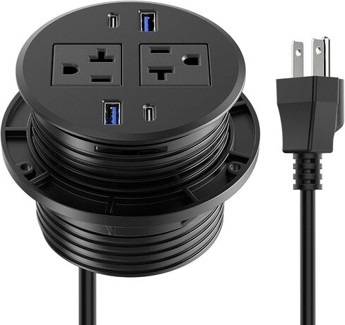 حلقة معدنية CCCEI مقاس 3.15 بوصة مع منافذ USB، ومنافذ دائرية بفتحة مكتب المكتب، وتركيب دافق، ومحطة توصيل عالية أمبير مخفية للأثاث، أسود، سلك تمديد بطول 6 أقدام. in Kuwait