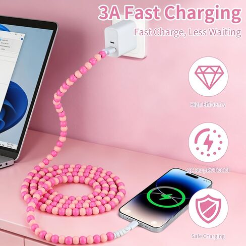 Coolden for iPhone Charger Cord 6FT Pink Beaded Charging Cord for Girls Women USB to iPhone Charging Cable Compatible with iPhone 14 13 12 11 Pro Max XR XS Max iPad Pro/Air/Mini and More in Saudi Arabia
