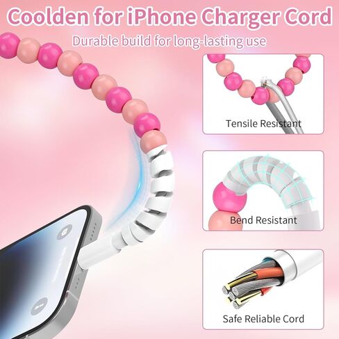 Coolden for iPhone Charger Cord 6FT Pink Beaded Charging Cord for Girls Women USB to iPhone Charging Cable Compatible with iPhone 14 13 12 11 Pro Max XR XS Max iPad Pro/Air/Mini and More in Saudi Arabia