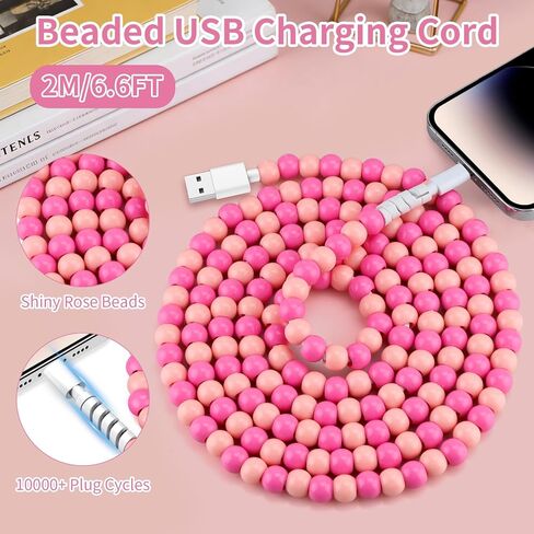 Coolden for iPhone Charger Cord 6FT Pink Beaded Charging Cord for Girls Women USB to iPhone Charging Cable Compatible with iPhone 14 13 12 11 Pro Max XR XS Max iPad Pro/Air/Mini and More in Saudi Arabia