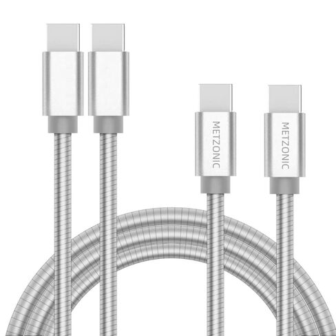 كابل USB C إلى USB C، سلك شاحن معدني مجدول من النوع C بطول 6.6 أقدام للحيوانات الأليفة، شحن سريع 60 واط PD لأجهزة iPhone 17/16/15 وMacBook وiPad وGalaxy والمزيد (فضي، 6.6 قدم، عبوتان) in Kuwait