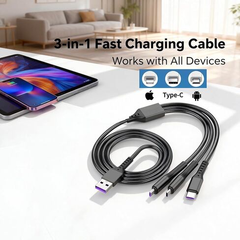 Multi Charging Cable 4ft 2 Pack 3 in 1 Charger Cord, Multiple Rapid Nylon Braided Cable USB Charging Cable Multi Phone Charger Cord with Type C Micro Lightning USB Connectors for Cell Phones in Kuwait