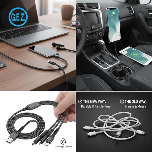 Multi Charging Cable 4ft 2 Pack 3 in 1 Charger Cord, Multiple Rapid Nylon Braided Cable USB Charging Cable Multi Phone Charger Cord with Type C Micro Lightning USB Connectors for Cell Phones in Kuwait