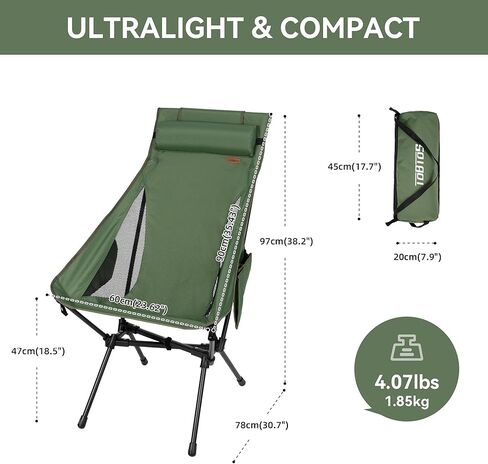 High Back Camping Chair for Adults, Folding Chair Supports 440 lbs, Lightweight Portable Backpacking Chair with Adjustable Pillow for Hiking & Camping in Saudi Arabia