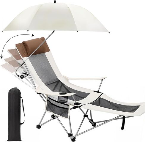 Lineshading 2 in 1 Beach Chair with Umbrella, Folding Camping Reclining Chair with Sunshade Headrest Footrest, 4 Position Adjustable Mesh Lounger Portable for Summer Tailgates Camp Fishing (White) in Kuwait
