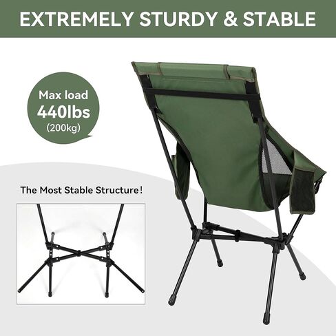 High Back Camping Chair for Adults, Folding Chair Supports 440 lbs, Lightweight Portable Backpacking Chair with Adjustable Pillow for Hiking & Camping in Saudi Arabia