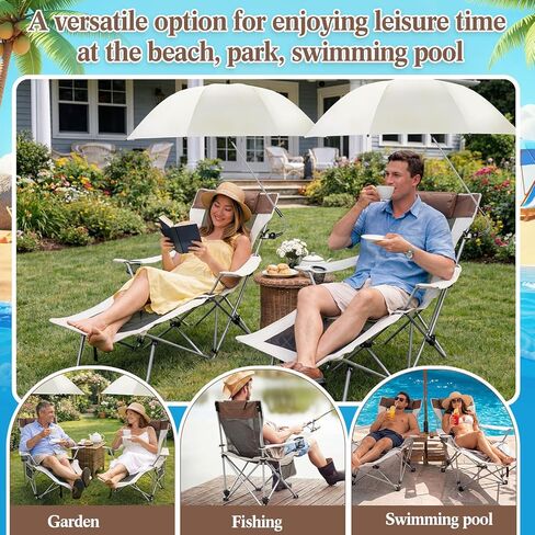 Lineshading 2 in 1 Beach Chair with Umbrella, Folding Camping Reclining Chair with Sunshade Headrest Footrest, 4 Position Adjustable Mesh Lounger Portable for Summer Tailgates Camp Fishing (White) in Kuwait