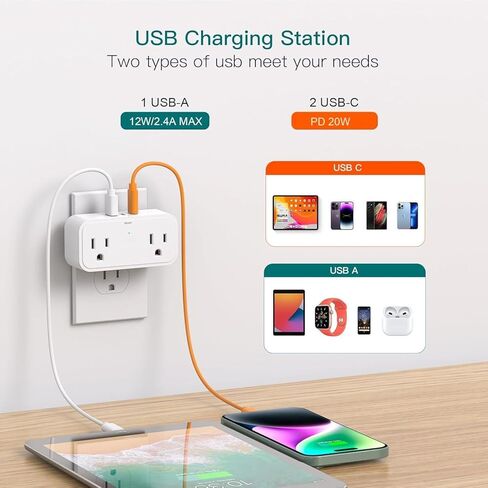 Power Strip Outlet Extender, Multi Plug Outlet Splitter with 4 Electrical Outlets 3 USB Ports（PD 20W 2 USB C 3 Sided Wall Plug Adapter for Home Office Travel Dorm Room Essentials in Kuwait
