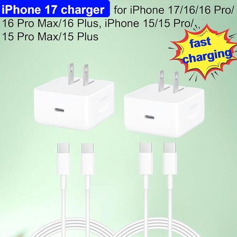 شاحن سريع USB-C من قطعتين لهاتف iPhone 17، شاحن حائط، يأتي مع كابل شحن من النوع C بطول 4 أقدام، متوافق مع iPhone 17/16/16 Plus/16 Pro/16 Pro Max/iPhone 15/15 Pro Max/iPad Pro/AirPods. in Kuwait
