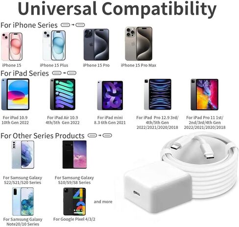 شاحن سريع USB-C من قطعتين لهاتف iPhone 17، شاحن حائط، يأتي مع كابل شحن من النوع C بطول 4 أقدام، متوافق مع iPhone 17/16/16 Plus/16 Pro/16 Pro Max/iPhone 15/15 Pro Max/iPad Pro/AirPods. in Kuwait