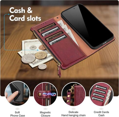 Compatible with iPhone 17e / 16e Wallet Case with Card Holder RFID Blocking Zipper Poket PU Leather Flip Phone Case with Wrist Strap Credit Card Slots Men Women,Wine Red in Kuwait