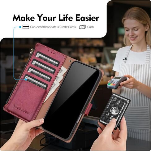 Compatible with iPhone 17e / 16e Wallet Case with Card Holder RFID Blocking Zipper Poket PU Leather Flip Phone Case with Wrist Strap Credit Card Slots Men Women,Wine Red in Kuwait