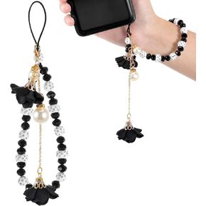 IMIKEYA Crystal Phone Lanyard Black Beaded Phone Bracelet Strap, Non-slip Flower Hand Wrist Strap for Cell Charm Decoration, Short String Accessory in Kuwait