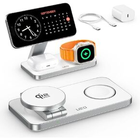 محطة شحن UEQ 3 في 1 لأجهزة Apple، حامل شاحن لاسلكي مغناطيسي فائق السرعة QI2.2 25 وات، متوافق مع MagSafe، شاحن سفر قابل للطي لأجهزة iPhone Air/17/16/15/14/13/12، وساعة Apple، وAirPods in Kuwait