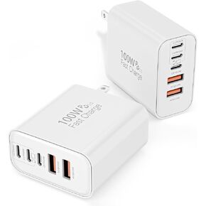 كتلة شاحن USB C بقوة 100 وات، 2 حزمة شاحن جداري 5 منافذ GaN، قابس شحن سريع، محول طاقة PD متعدد + قابس QC، مكعب صندوق USB C متوافق مع iPhone 17 Air 16 15 14 13 Pro Max Plus، Samsung، MacBook/Air in Kuwait