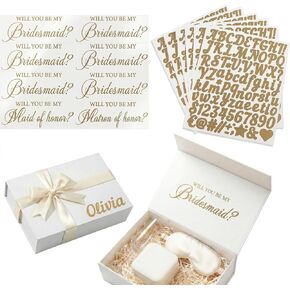 Will You Be My Bridesmaid Stickers for 8 Proposal Boxes, Black | Includes 6 Bridesmaid, 1 Maid of Honor and 1 Matron of Honor decals, plus 8 alphabet letter sheets for custom names in Saudi Arabia