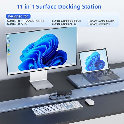 جهاز Surface Dock مزدوج يعرض HDMI+VGA مع محول طاقة، قاعدة تركيب سطحية 11 في 1 لأجهزة Surface Pro 12/11/10/9/8/X/7/6/5/4/3، وSurface Laptop 7/6/5/4/3/2/1، وSurface Book Go Dock in Kuwait