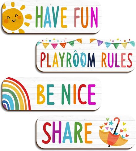 4 Pcs Playroom Sign Kids Playroom Wall Decor Playroom Rules Quotes Sign Be Nice Share Have Fun Wooden Hanging Wall Art Colorful Art Wall Plaque Playroom Decor for Little Boys Girls Bedroom (playroom in Saudi Arabia