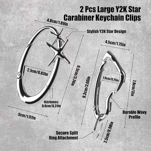 2 Pcs Large Y2K Star Carabiner Keychain, Silver Alloy Irregular Key Ring for Backpack Purse, Silver in Kuwait