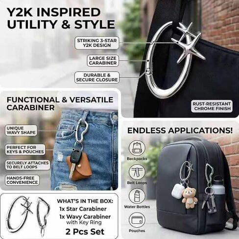 2 Pcs Large Y2K Star Carabiner Keychain, Silver Alloy Irregular Key Ring for Backpack Purse, Silver in Kuwait