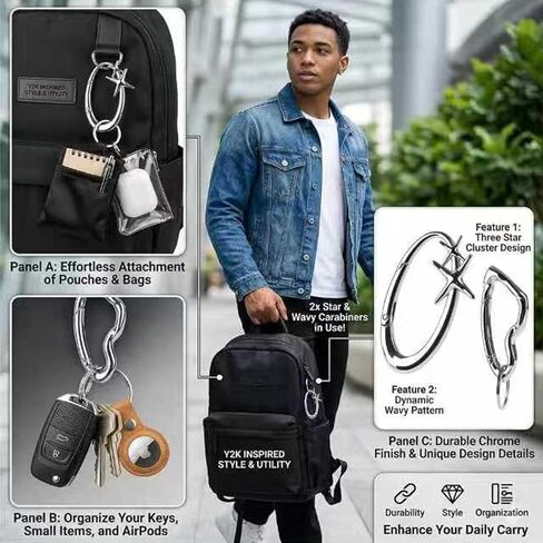 2 Pcs Large Y2K Star Carabiner Keychain, Silver Alloy Irregular Key Ring for Backpack Purse, Silver in Kuwait